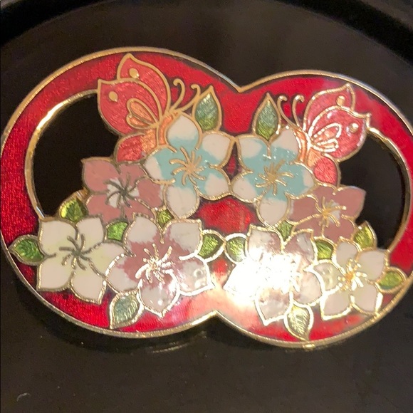 Beautiful red enamel scarf ring with butterflies flowers SCARF RING CLOISONNÉ 2” - Picture 5 of 6